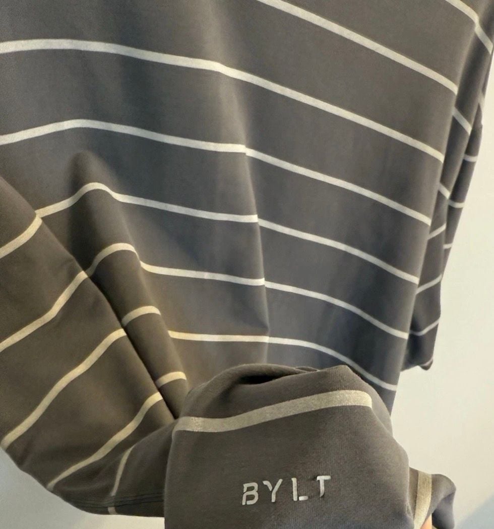 BYLT Basics Lux Blend Drop-Cut Striped Crew Neck Shirt in Gray 4