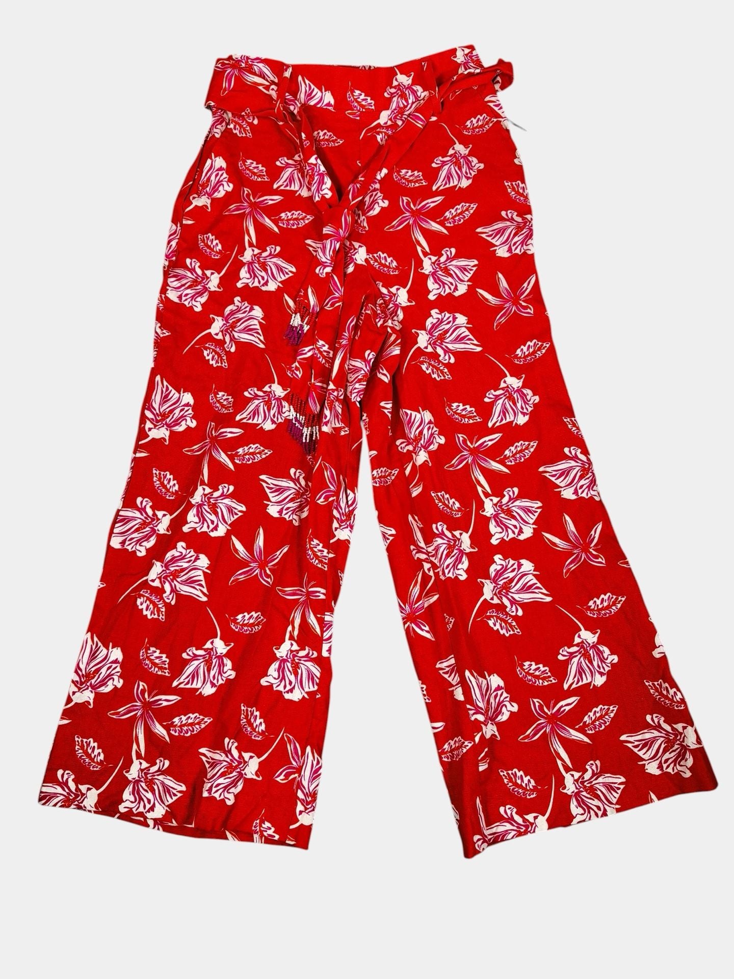 Maison d'Amélie Paris NWT Red Floral Beaded Linen Blend Wide Leg Pants Sz XS 4
