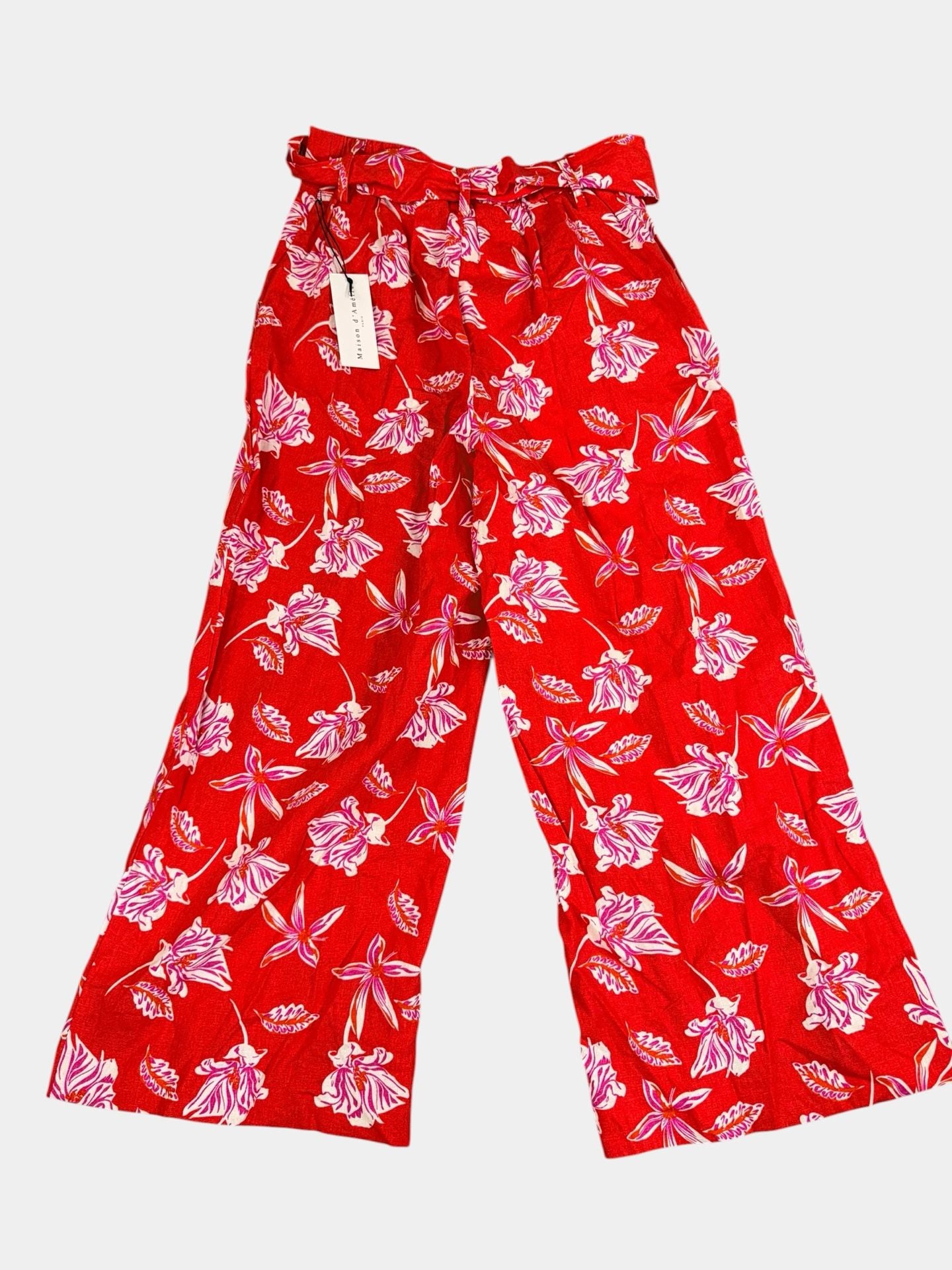 Maison d'Amélie Paris NWT Red Floral Beaded Linen Blend Wide Leg Pants Sz XS 5