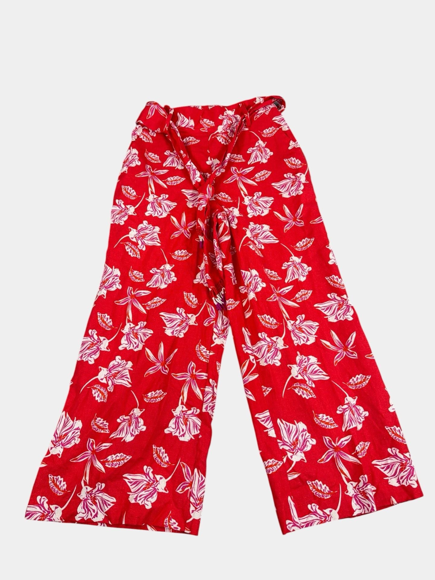 Maison d'Amélie Paris NWT Red Floral Beaded Linen Blend Wide Leg Pants Sz XS 6