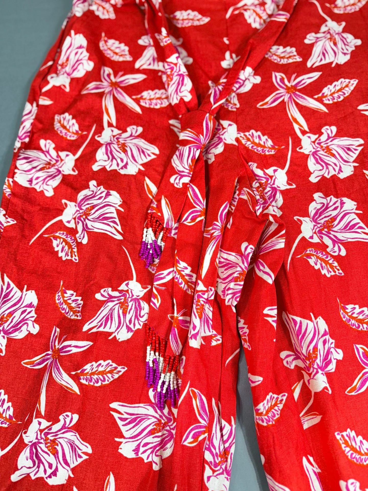 Maison d'Amélie Paris NWT Red Floral Beaded Linen Blend Wide Leg Pants Sz XS 7