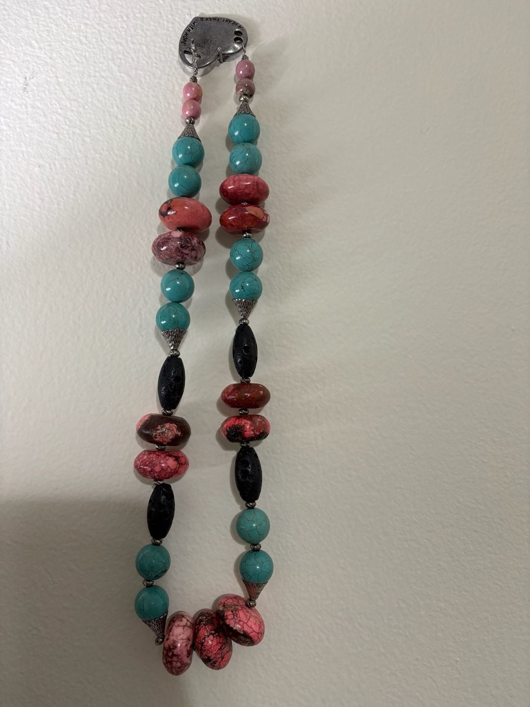AJD Vintage Natural Turquoise, Coral, & Black Lava Stone Necklace w/ Heart Clasp 1