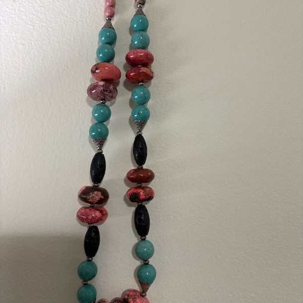 AJD Vintage Natural Turquoise, Coral, & Black Lava Stone Necklace w/ Heart Clasp