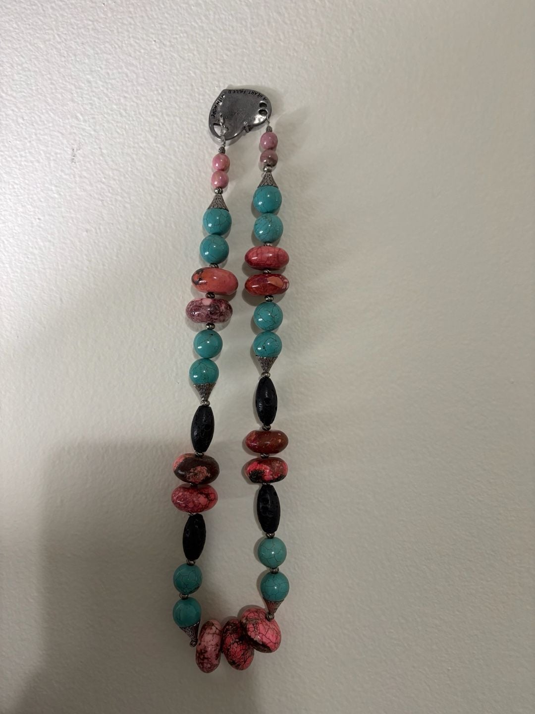 AJD Vintage Natural Turquoise, Coral, & Black Lava Stone Necklace w/ Heart Clasp 2