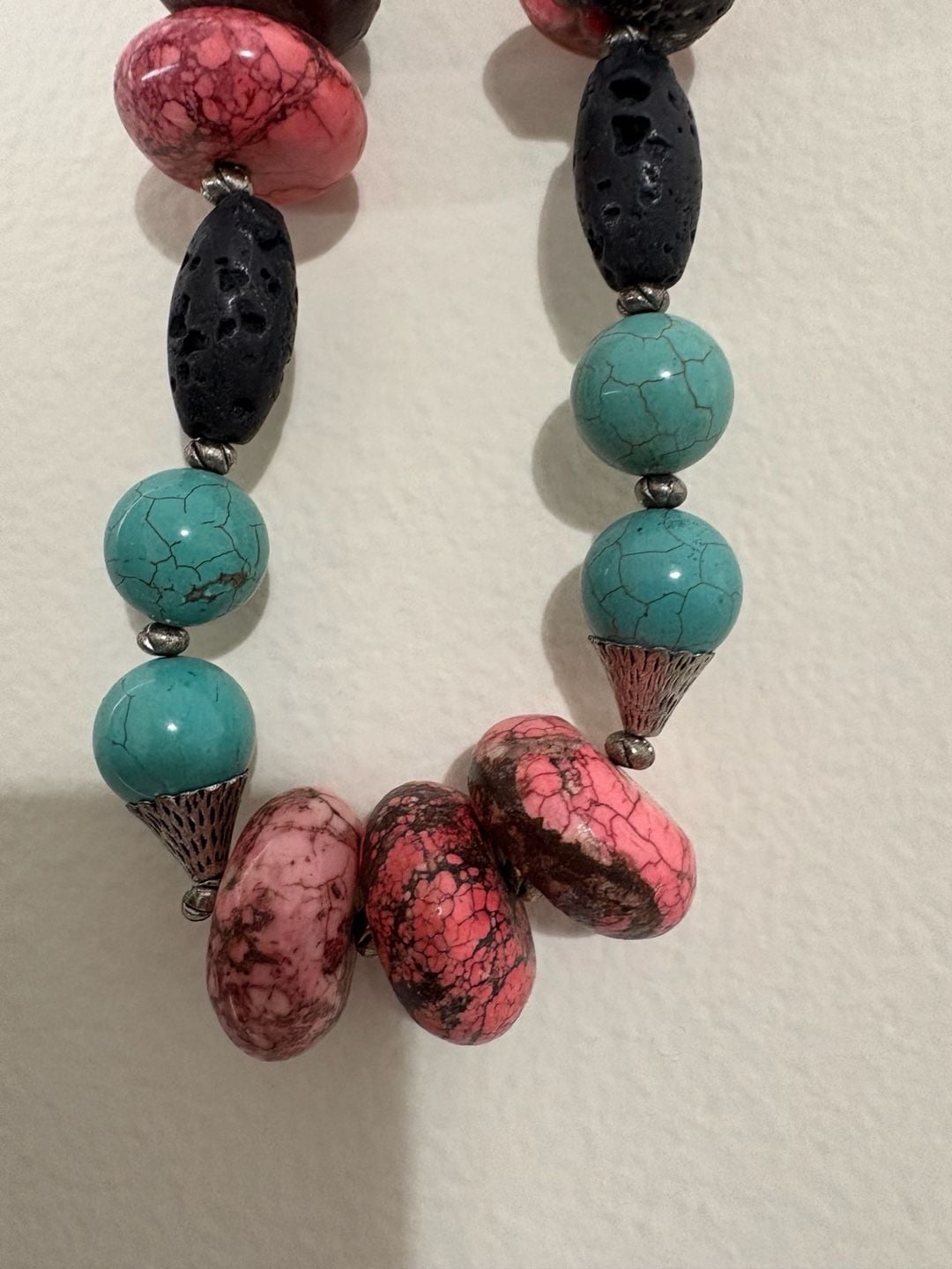 AJD Vintage Natural Turquoise, Coral, & Black Lava Stone Necklace w/ Heart Clasp 3