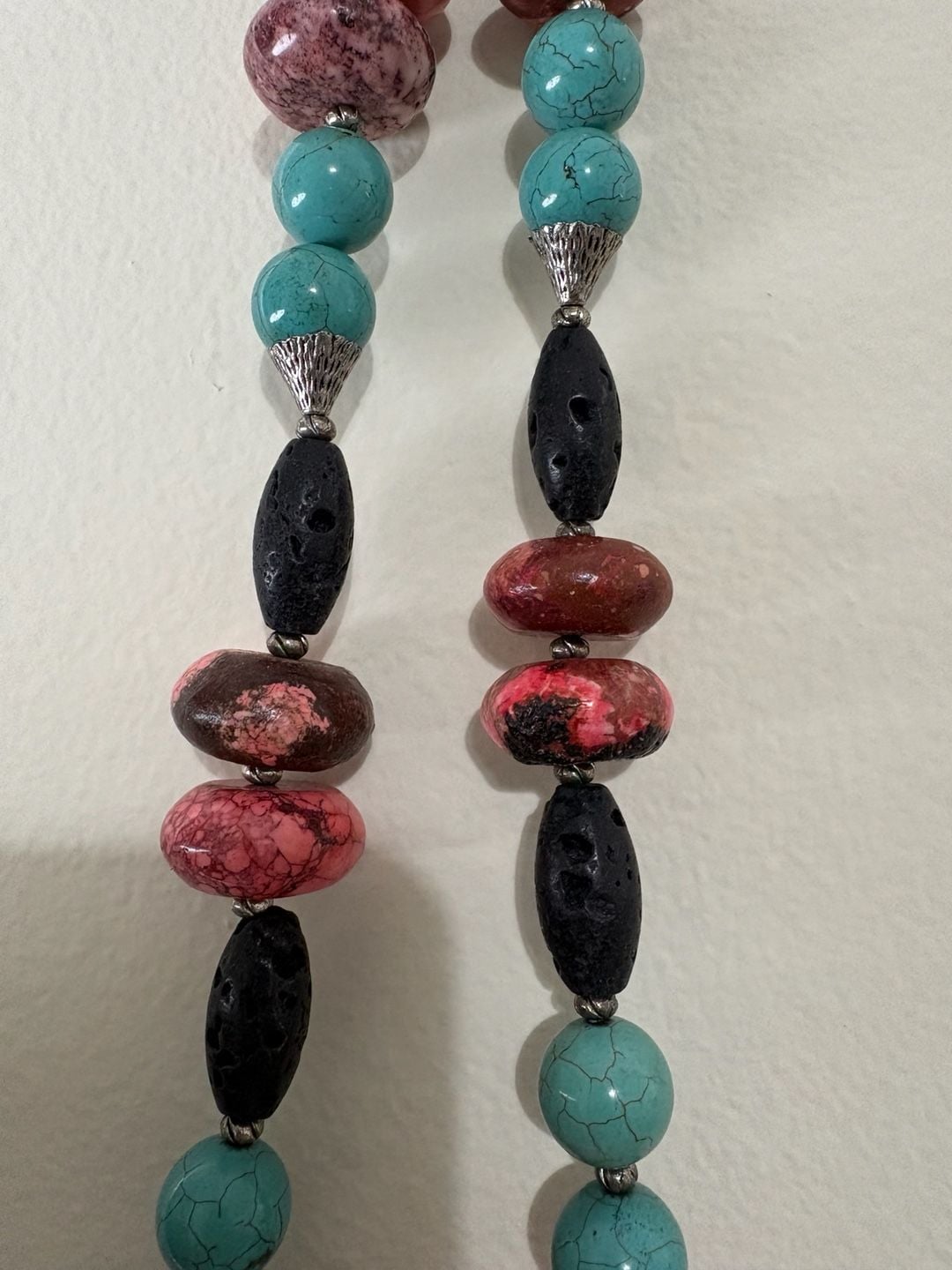 AJD Vintage Natural Turquoise, Coral, & Black Lava Stone Necklace w/ Heart Clasp 4