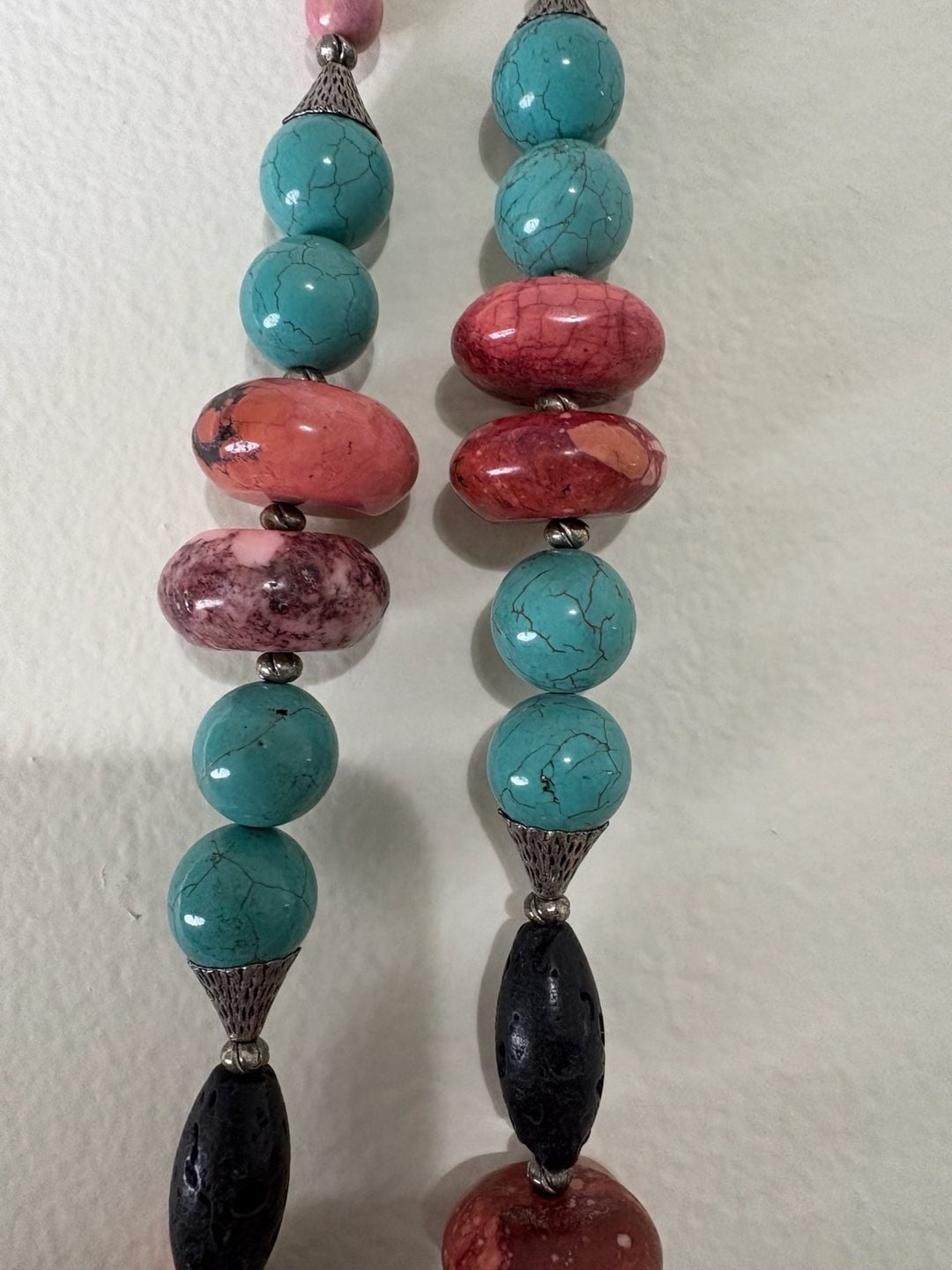 AJD Vintage Natural Turquoise, Coral, & Black Lava Stone Necklace w/ Heart Clasp 5