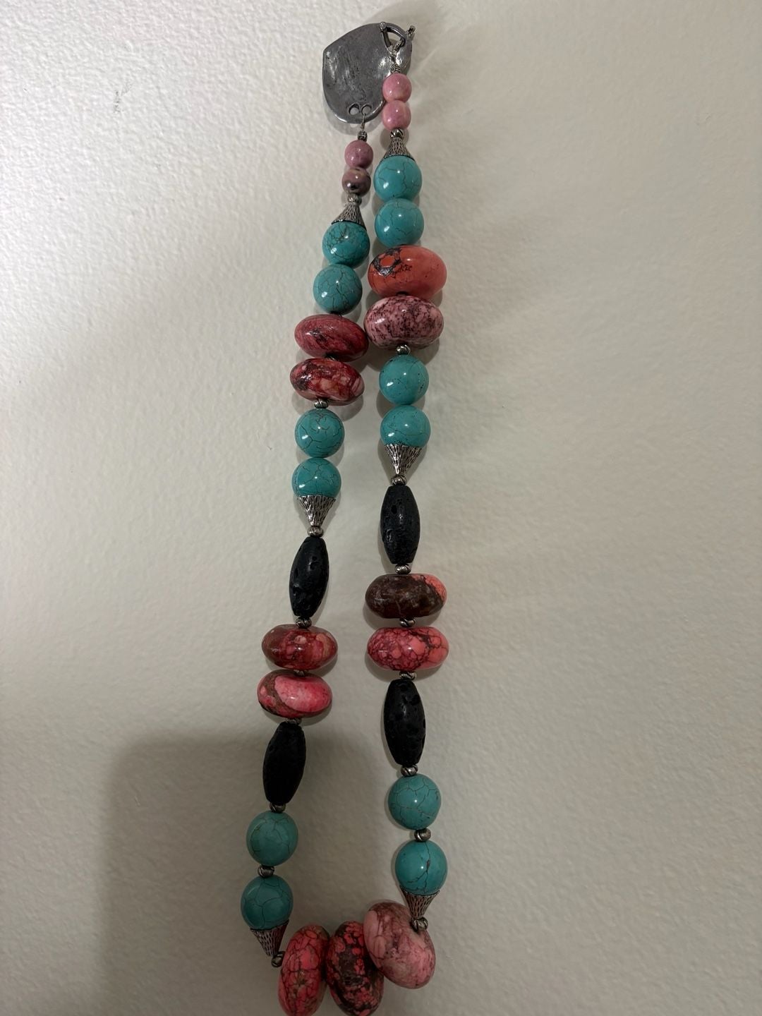 AJD Vintage Natural Turquoise, Coral, & Black Lava Stone Necklace w/ Heart Clasp 9