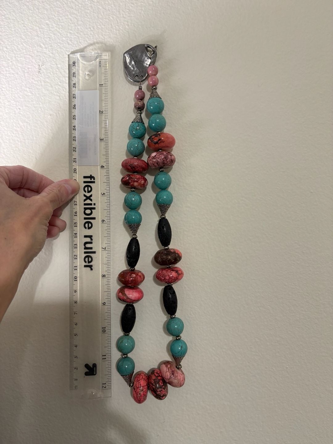 AJD Vintage Natural Turquoise, Coral, & Black Lava Stone Necklace w/ Heart Clasp 10