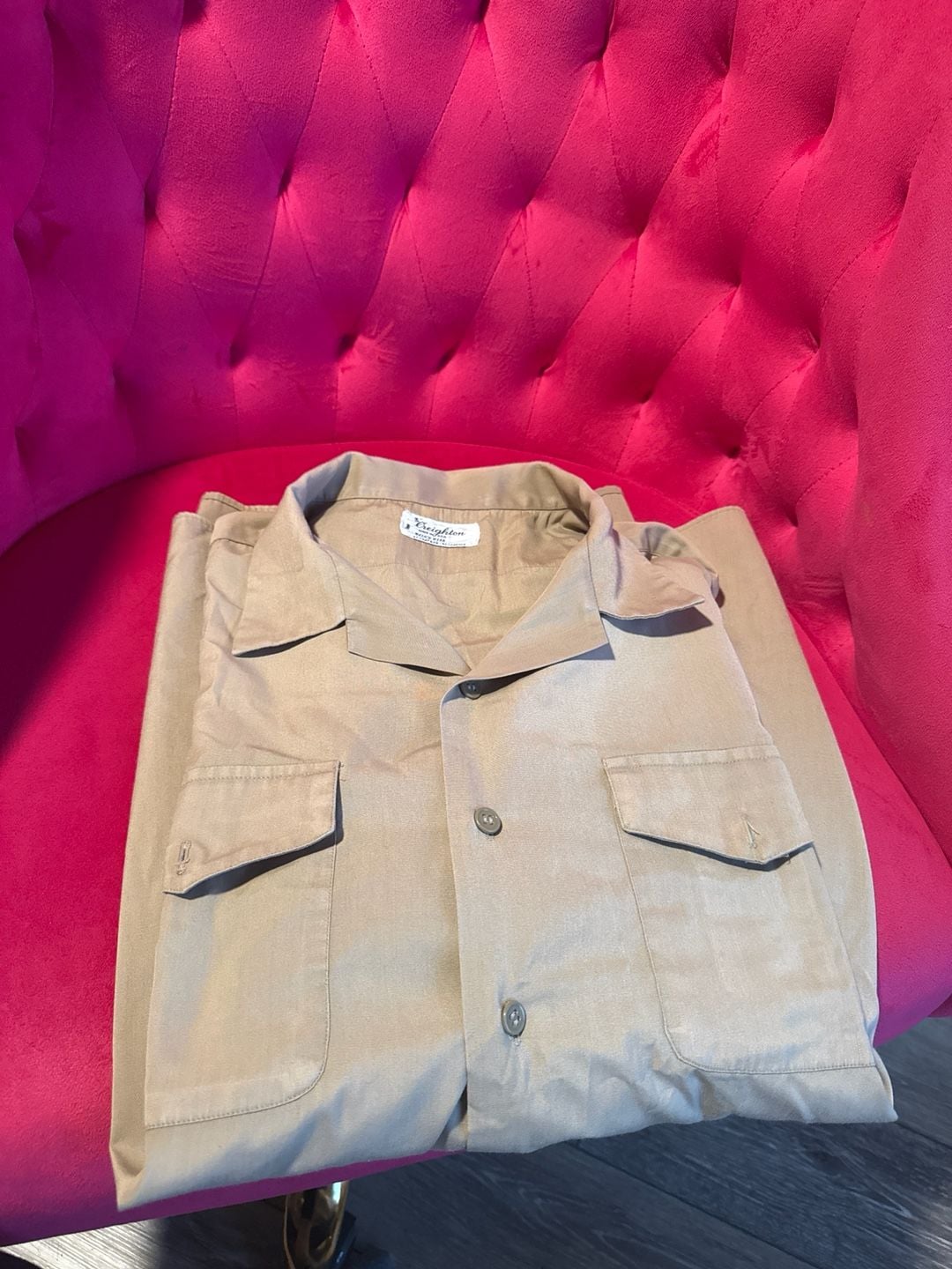 Vintage Creighton Khaki Tan Short Sleeve Military Style Work Uniform Shirt 2