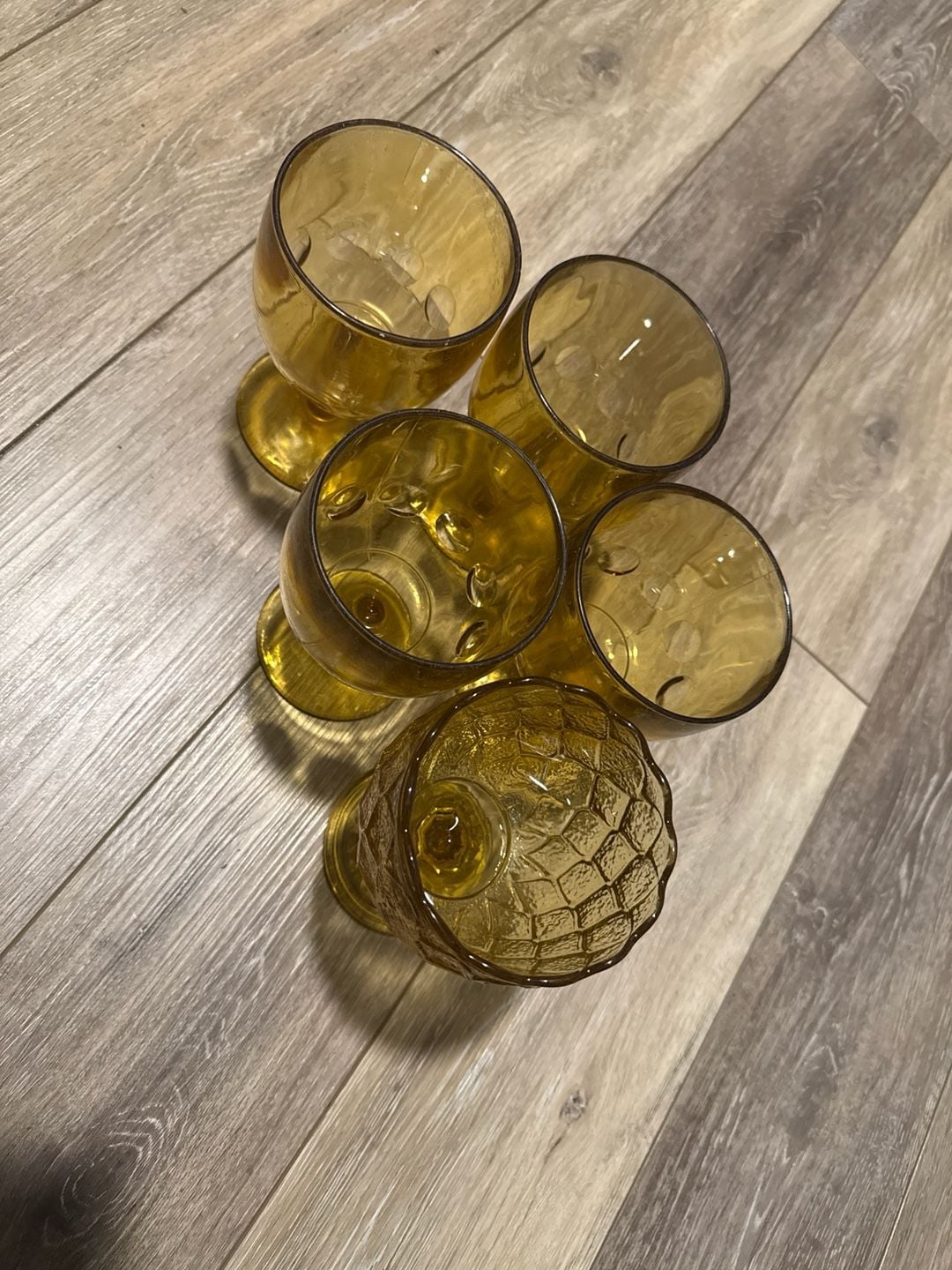 Vintage MCM Amber Glass Goblets Set, Star and Thumbprint Pattern Barware 2