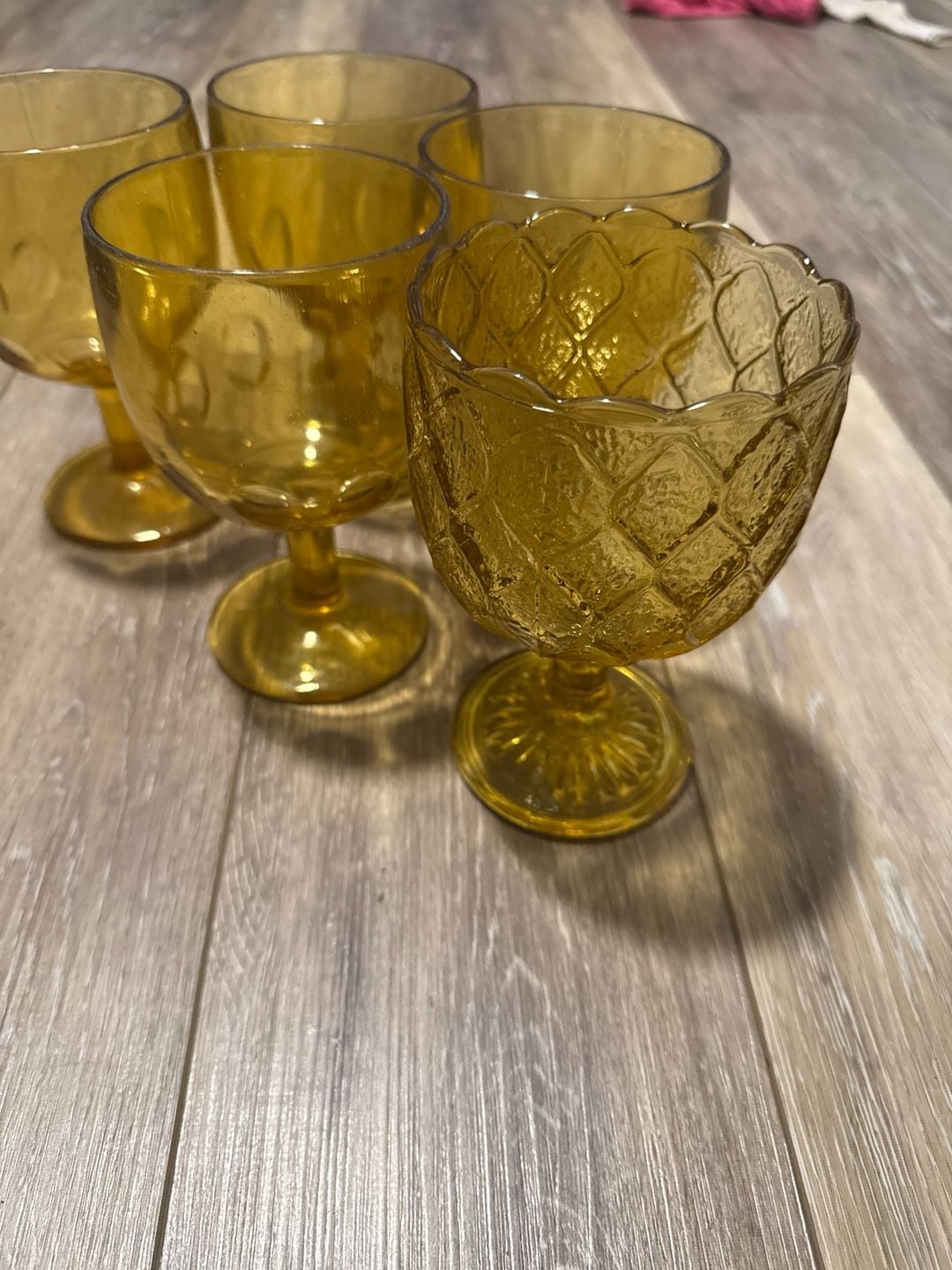 Vintage MCM Amber Glass Goblets Set, Star and Thumbprint Pattern Barware 3