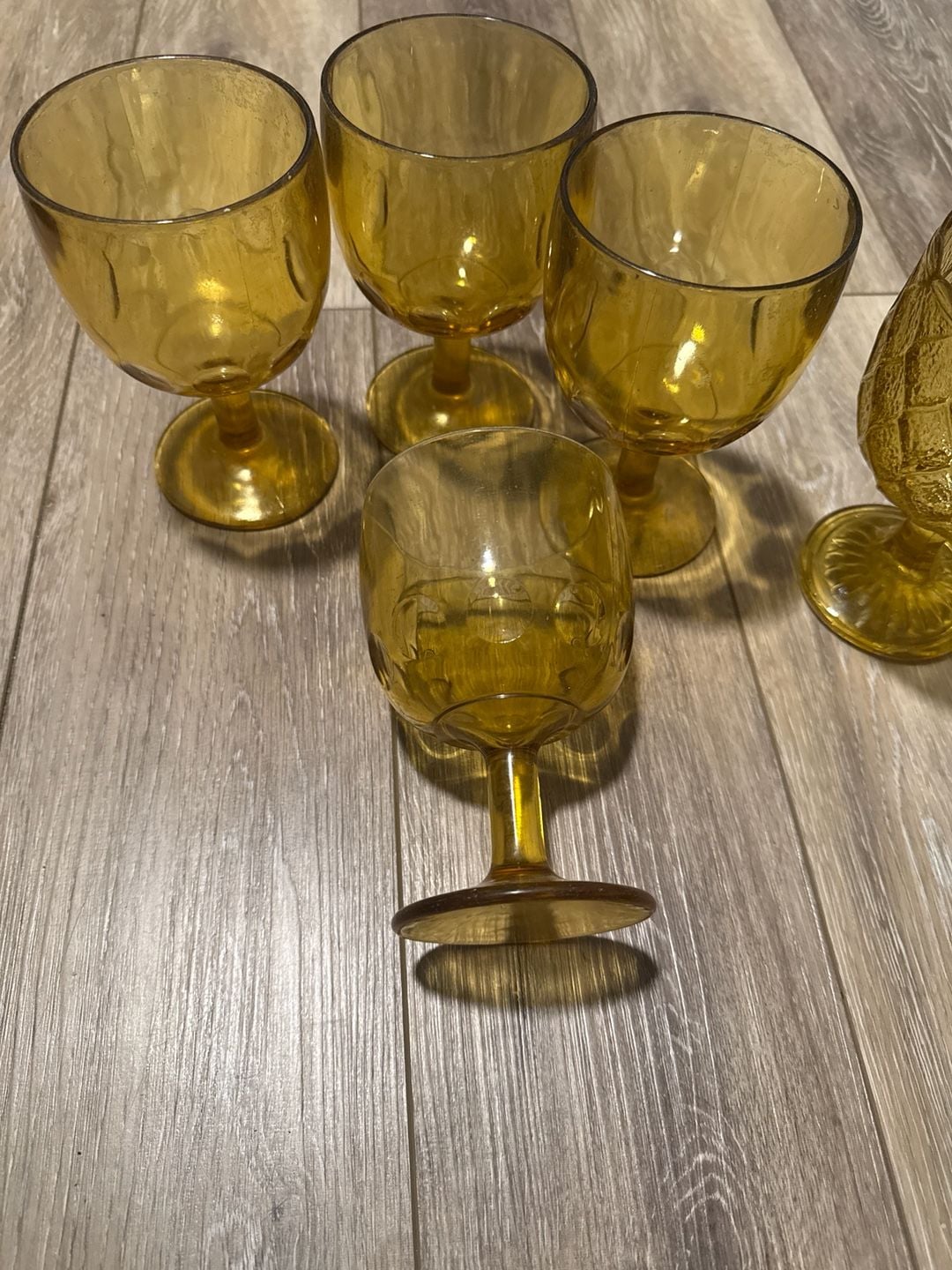 Vintage MCM Amber Glass Goblets Set, Star and Thumbprint Pattern Barware 4