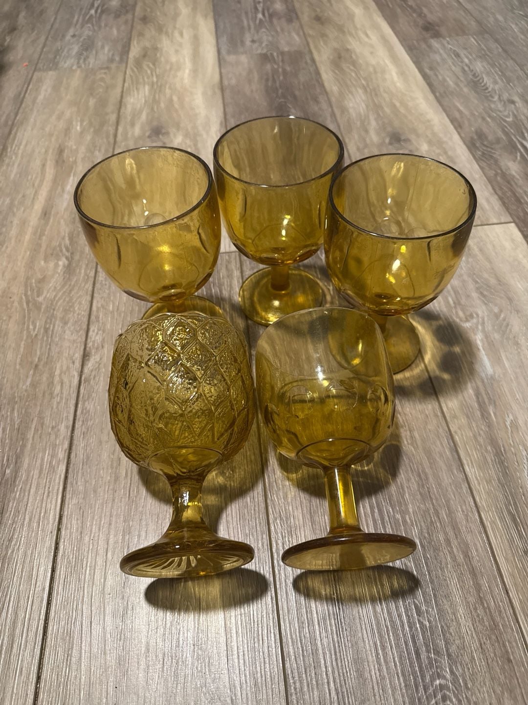 Vintage MCM Amber Glass Goblets Set, Star and Thumbprint Pattern Barware 1