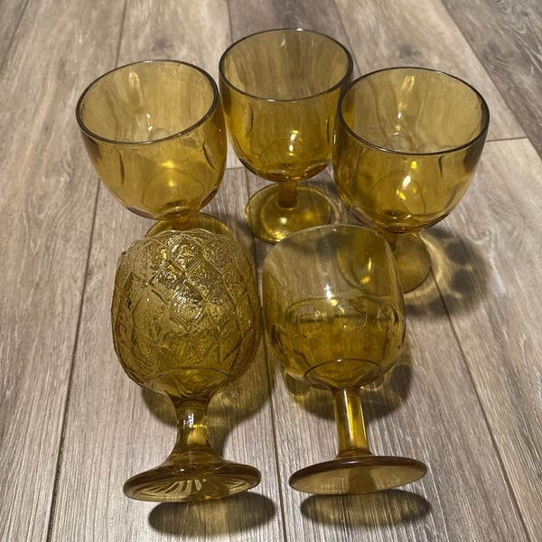 Vintage MCM Amber Glass Goblets Set, Star and Thumbprint Pattern Barware