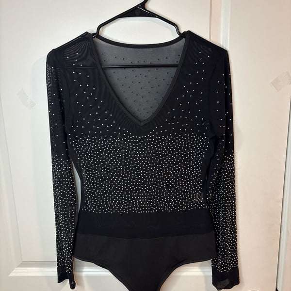 Talent Rhinestone Studded Mesh Long Sleeve Bodysuit in Black M/L