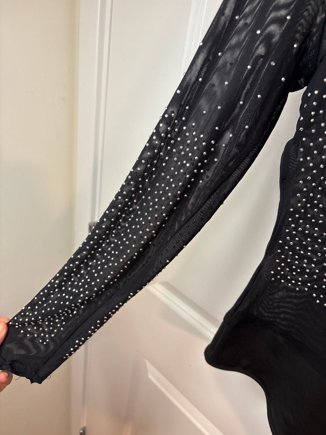 Talent Rhinestone Studded Mesh Long Sleeve Bodysuit in Black M/L 5