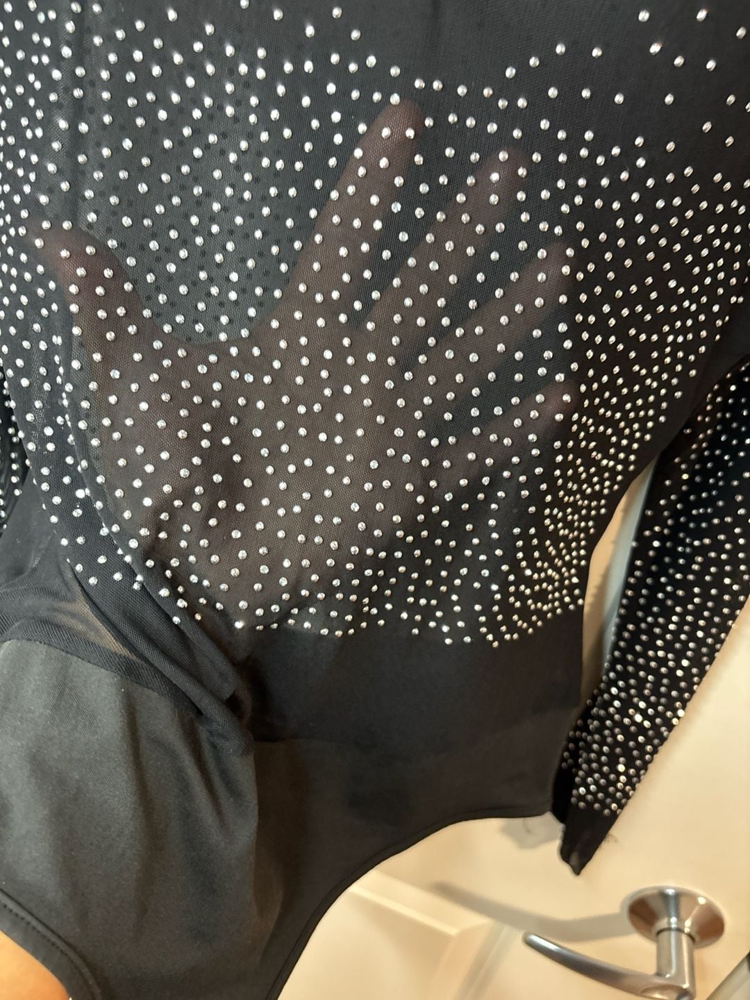 Talent Rhinestone Studded Mesh Long Sleeve Bodysuit in Black M/L 9