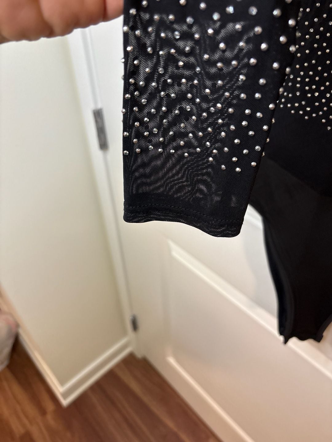 Talent Rhinestone Studded Mesh Long Sleeve Bodysuit in Black M/L 10