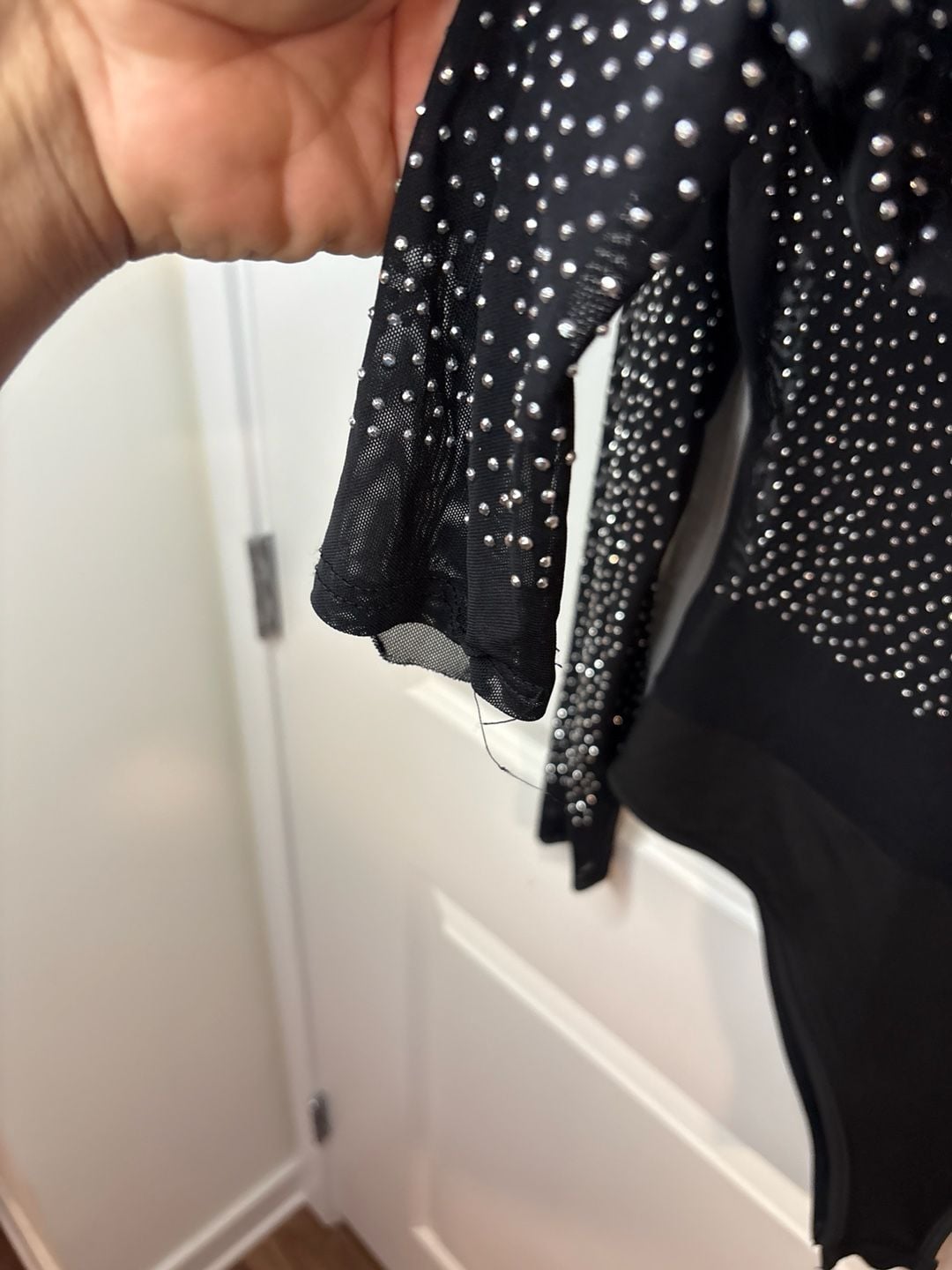 Talent Rhinestone Studded Mesh Long Sleeve Bodysuit in Black M/L 12