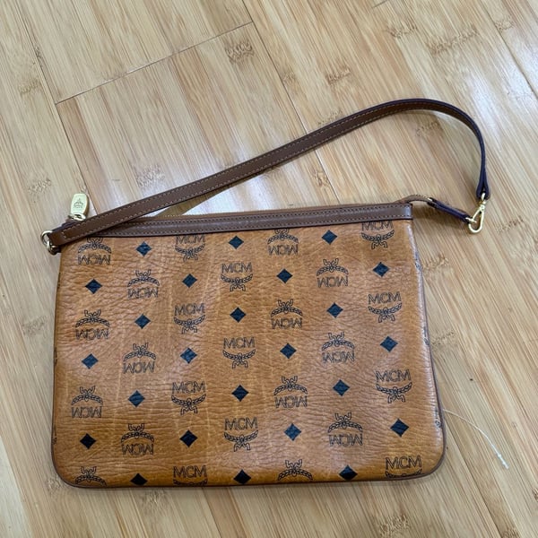MCM Visetos Monogram Cognac Coated Canvas Pochette Shoulder Bag Pouch