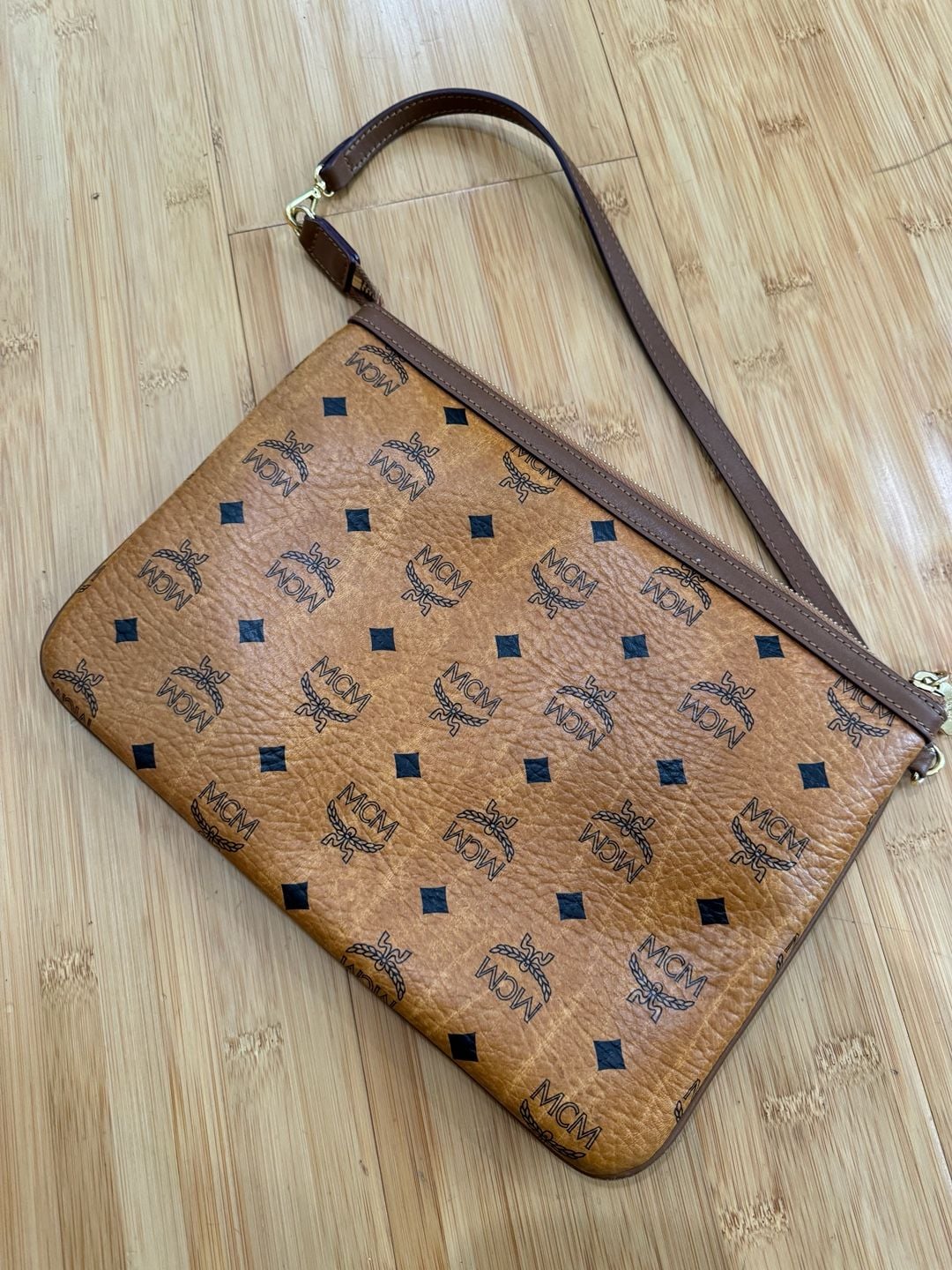 MCM Visetos Monogram Cognac Coated Canvas Pochette Shoulder Bag Pouch 4