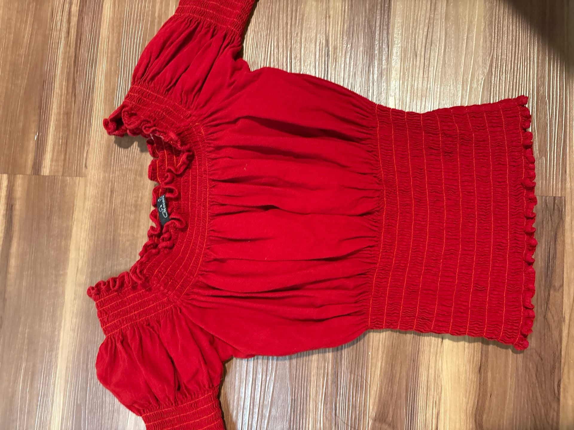 Giocam Red Smocked Milkmaid Crop Top with Puff Sleeves small 6