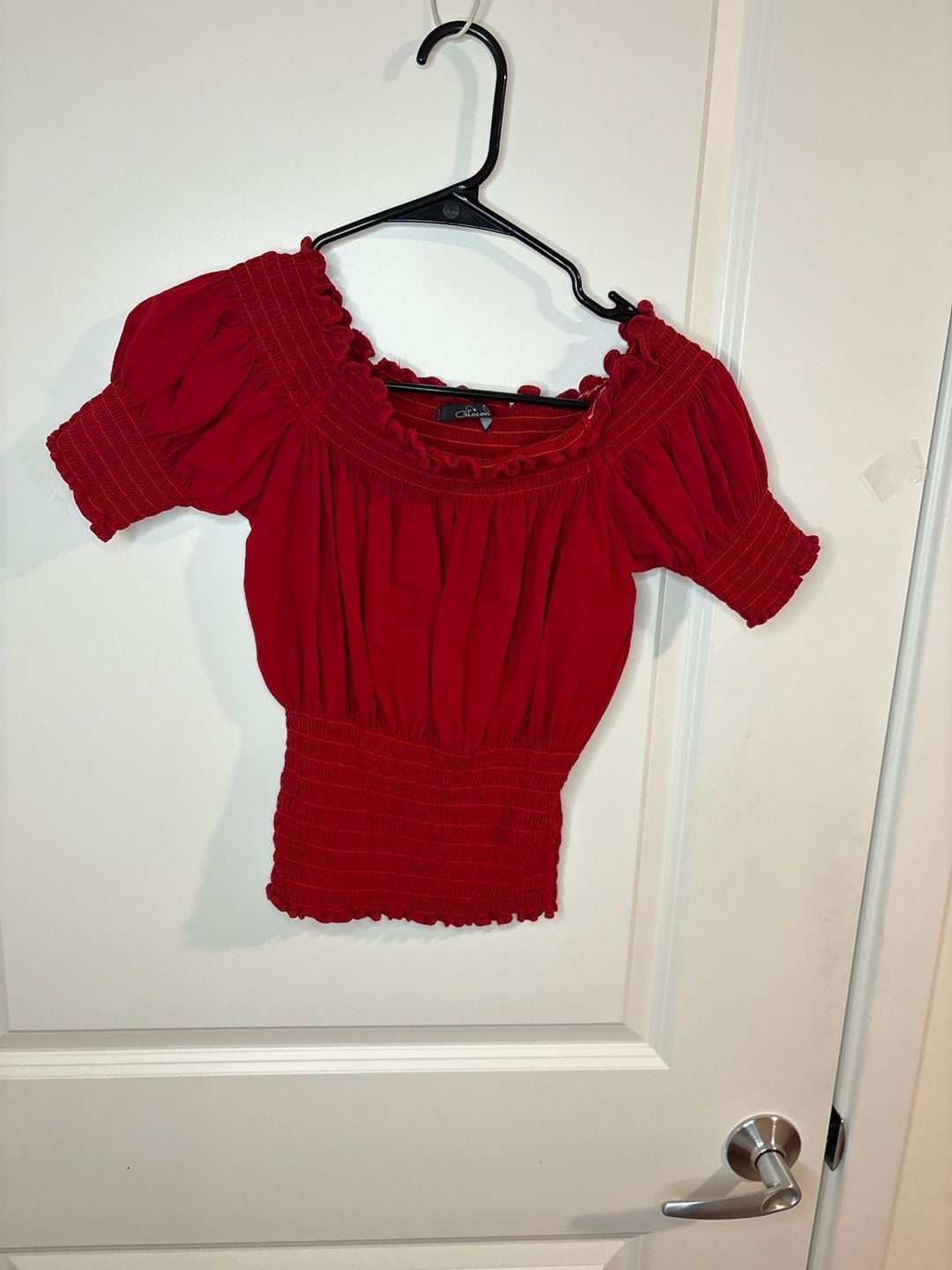Giocam Red Smocked Milkmaid Crop Top with Puff Sleeves small 7