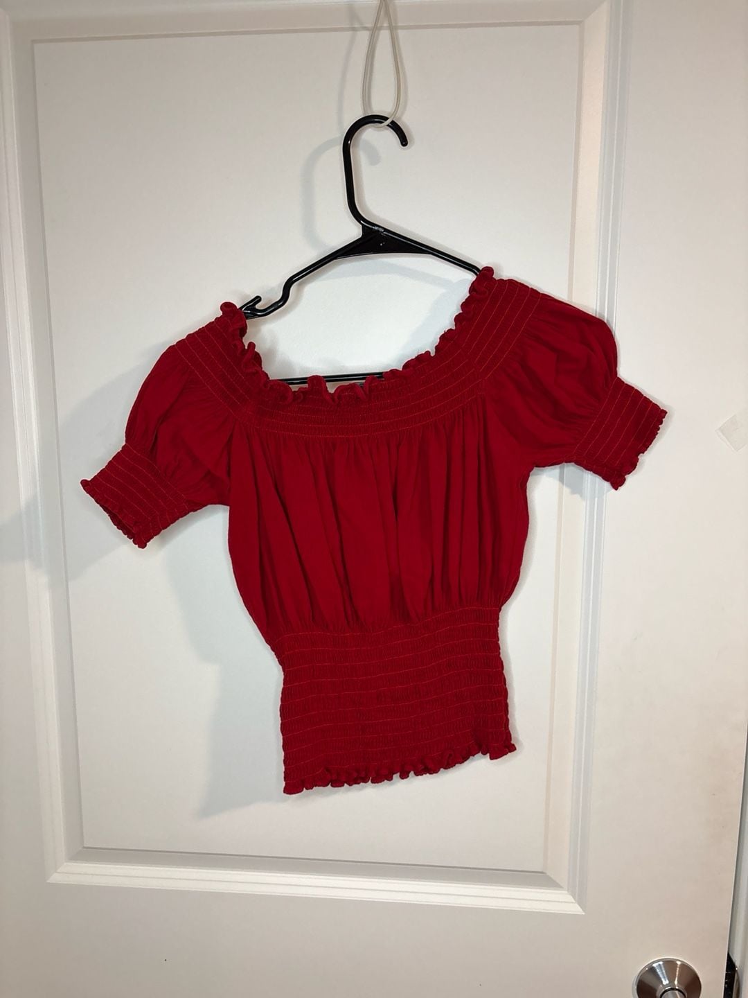 Giocam Red Smocked Milkmaid Crop Top with Puff Sleeves small 8
