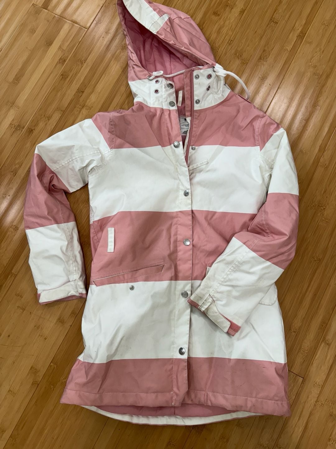 Helly Hansen Women's Pink and White Colorblock Striped Raincoat Hooded Jacket 2