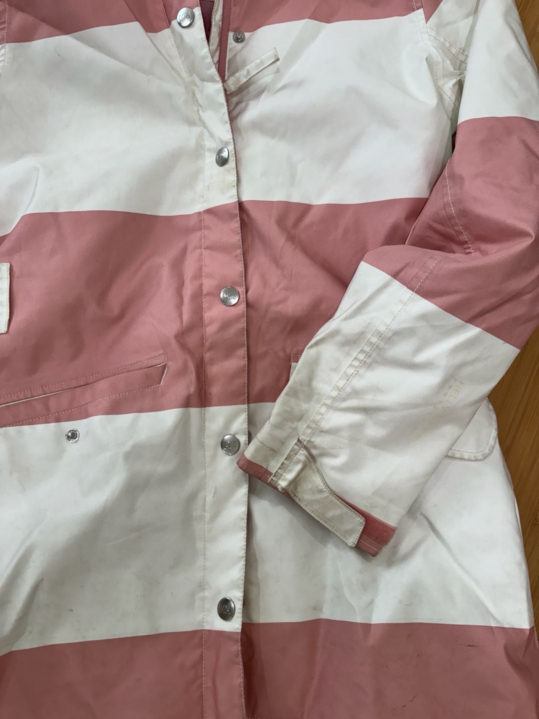Helly Hansen Women's Pink and White Colorblock Striped Raincoat Hooded Jacket 3