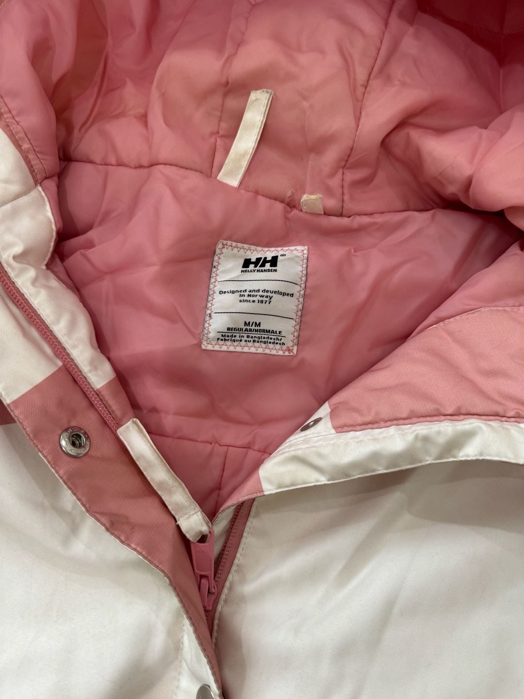 Helly Hansen Women's Pink and White Colorblock Striped Raincoat Hooded Jacket 4