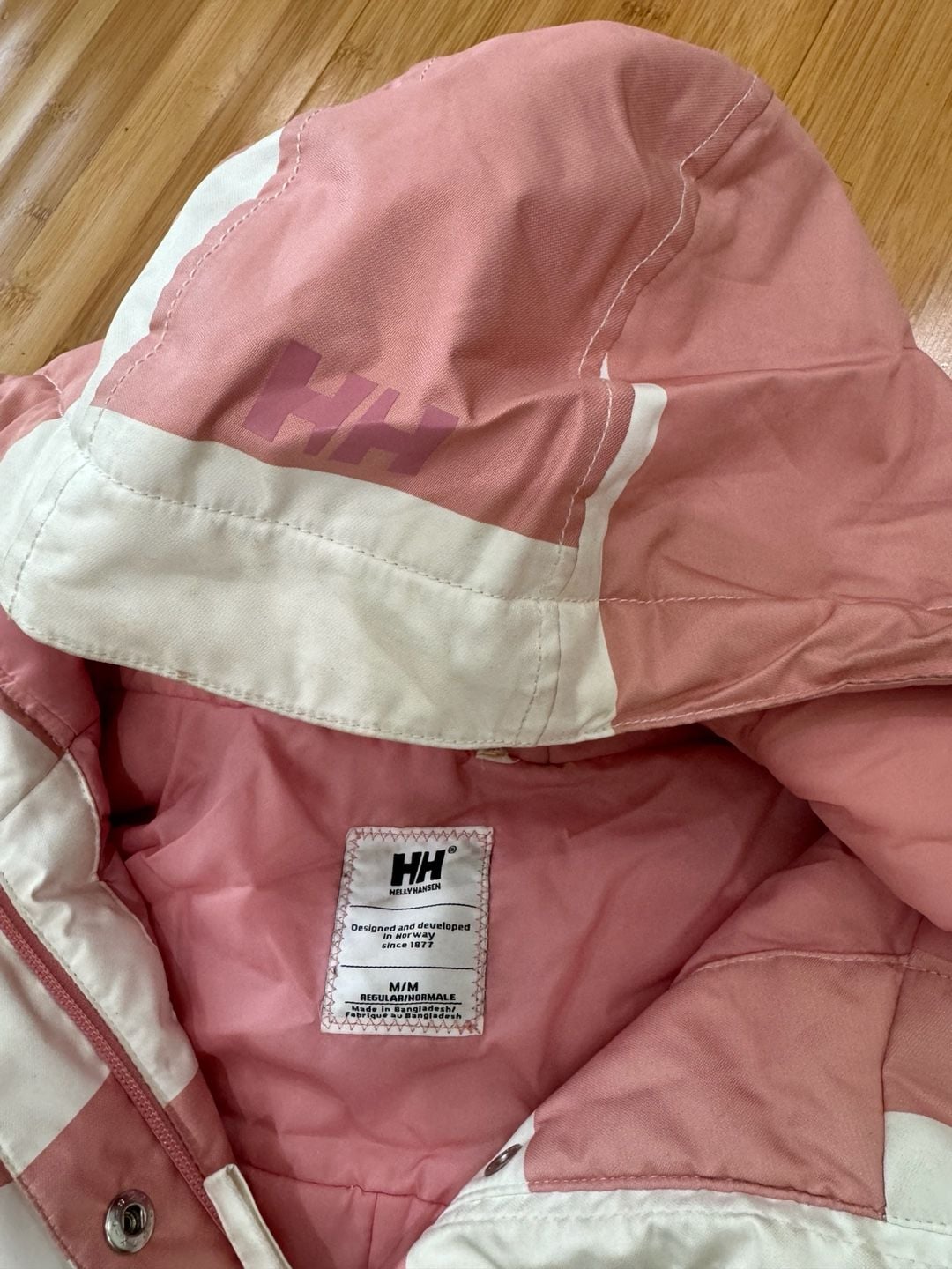Helly Hansen Women's Pink and White Colorblock Striped Raincoat Hooded Jacket 5