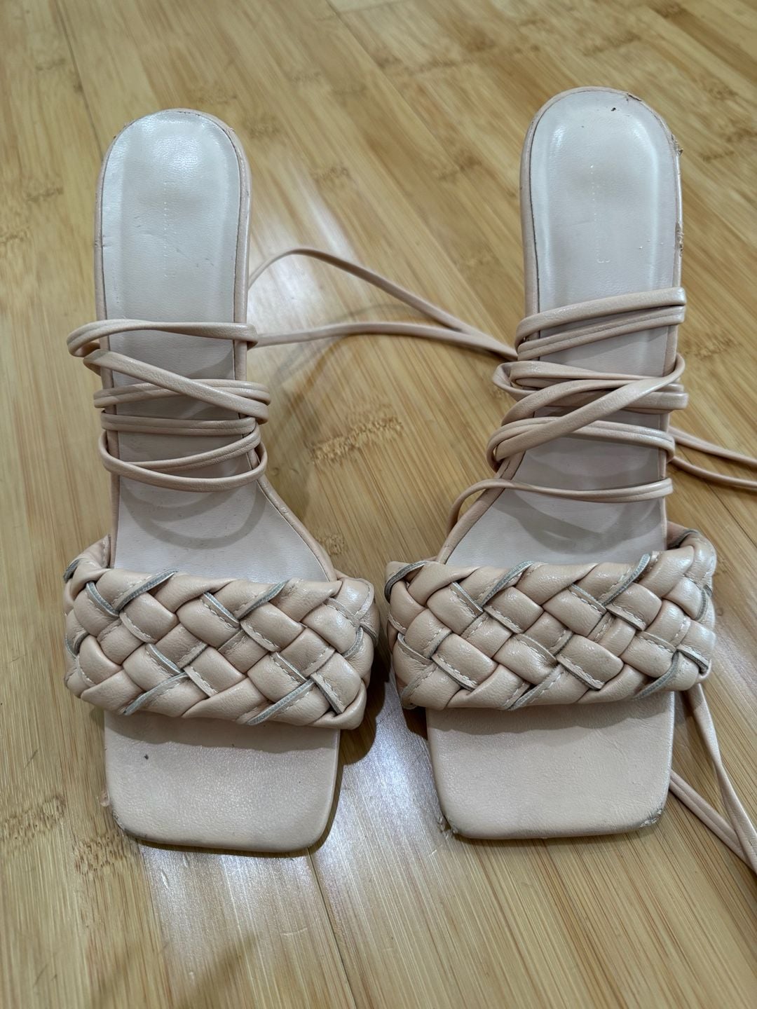 Stelly Braided Wrap Up Square Toe Lace Up Heels - Beige 2