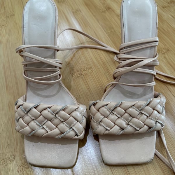 Stelly Braided Wrap Up Square Toe Lace Up Heels - Beige