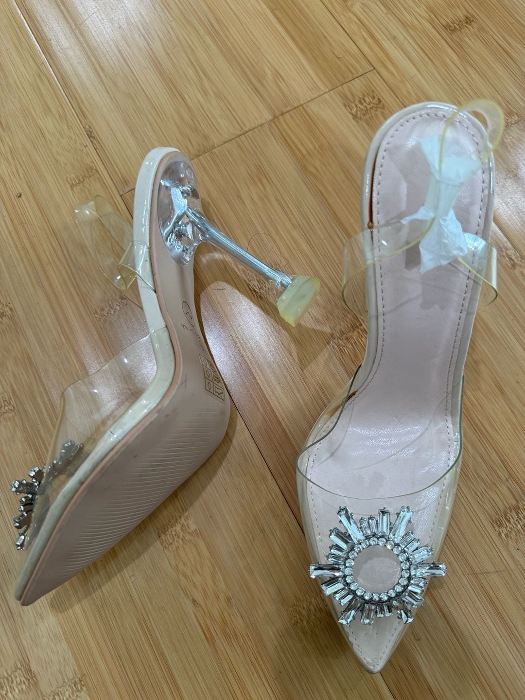 PrettyLittleThing Clear Pointed Toe Heels with Crystal Brooch Size 5 2