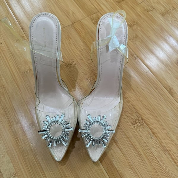 PrettyLittleThing Clear Crystal Pointed Toe Slingback Heels — Size 5