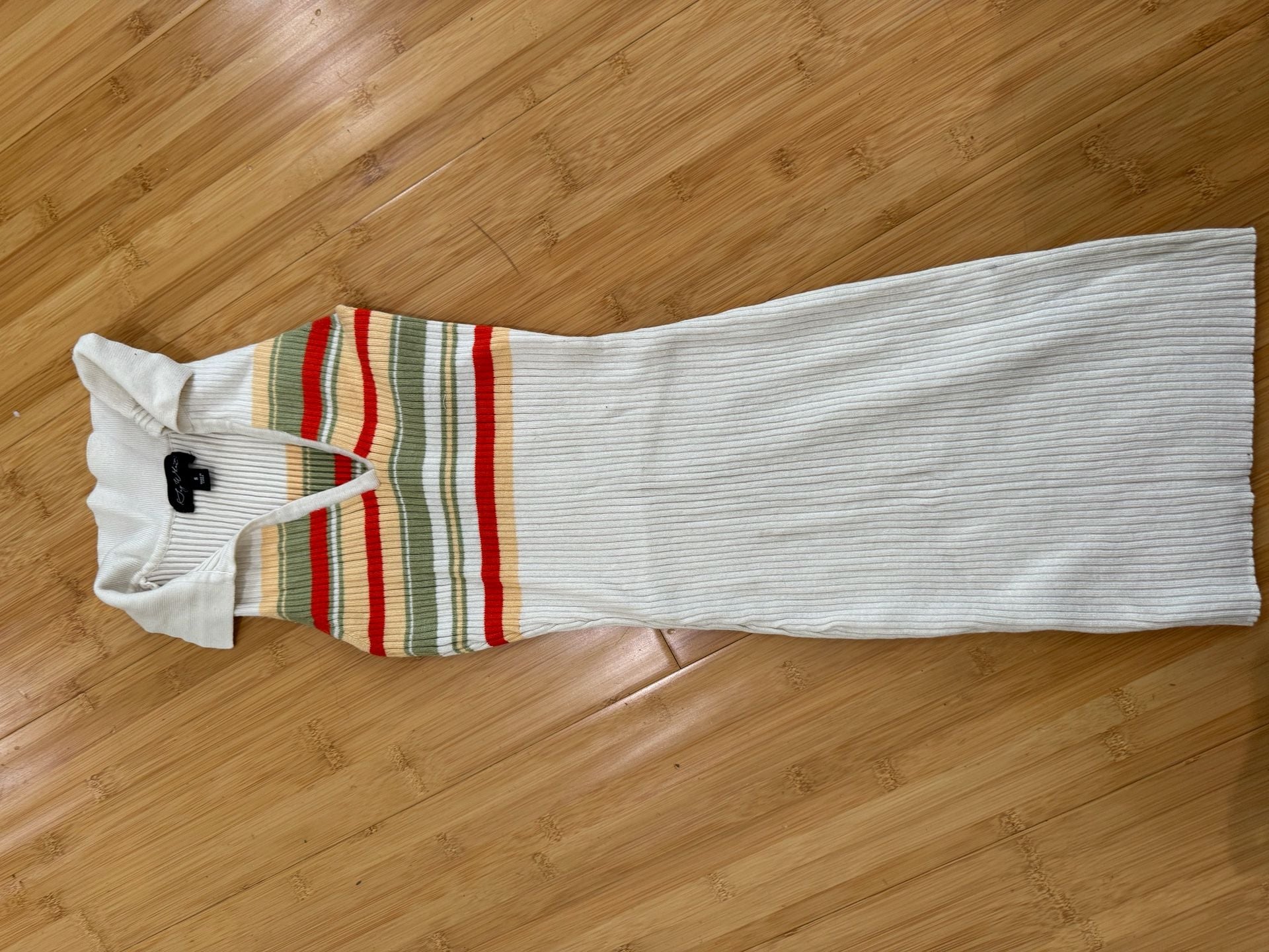 Ivy & Main Ribbed Knit Mini Dress, Retro Multi-Stripe Collar V-Neck, Size S 3