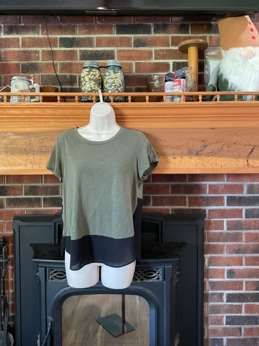 Express Colorblock Mixed Media Tee with Chiffon Hem in Olive and Black 2