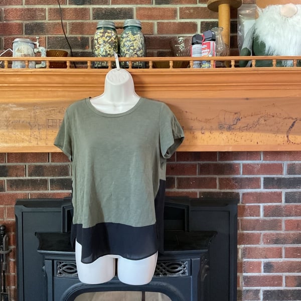 Express Colorblock Mixed Media Tee with Chiffon Hem in Olive and Black