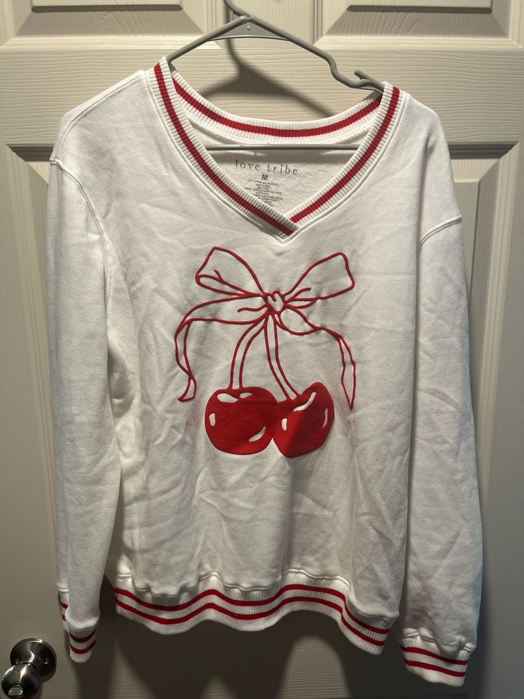 Love Tribe Cherry Bow V-Neck Striped Trim Sweatshirt 2