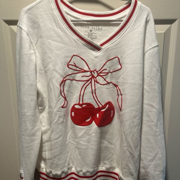 Love Tribe Cherry Bow V-Neck Striped Trim Sweatshirt