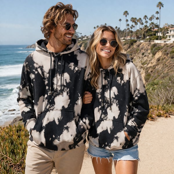 GOLDSHEEP Black and White Bleach Splatter Tie Dye Pullover Hoodie Size Large