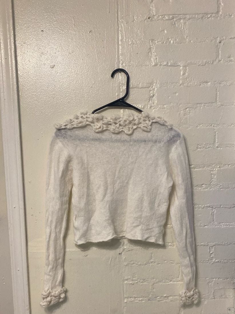 ZARA Mohair Wool Blend Sheer Knit Cropped Sweater with Ruffle Floral Neckline and Cuffs 2