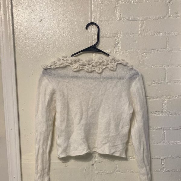ZARA Mohair Wool Blend Sheer Knit Cropped Sweater with Ruffle Floral Neckline and Cuffs