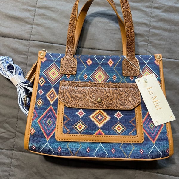 Le Miel Aztec Print Canvas Tote with Floral Tooled Faux Leather Accents