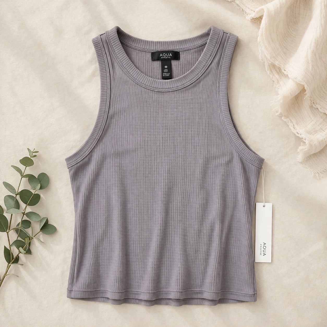 AQUA Athletic Ribbed Shelf Bra Tank Top Storm Front Grey Size L 2