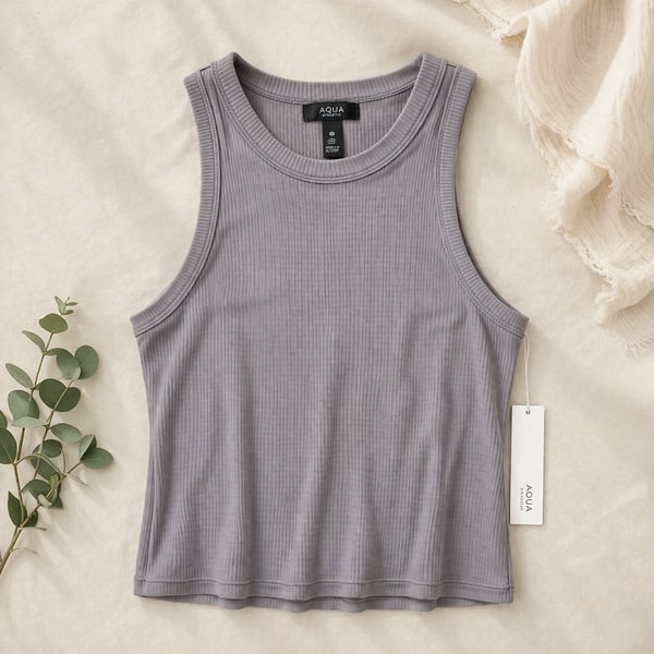 AQUA Athletic Ribbed Shelf Bra Tank Top Storm Front Grey Size L