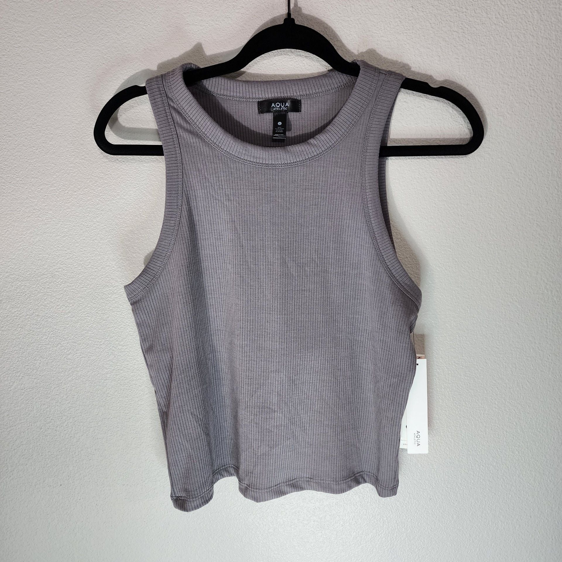 AQUA Athletic Ribbed Shelf Bra Tank Top Storm Front Grey Size L 4