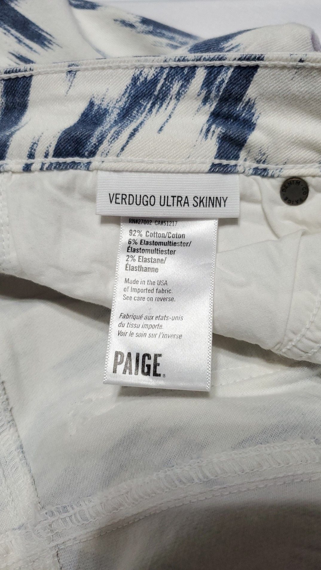 Paige Verdugo Ultra Skinny Jeans Blue White Ikat Print Size 28 4